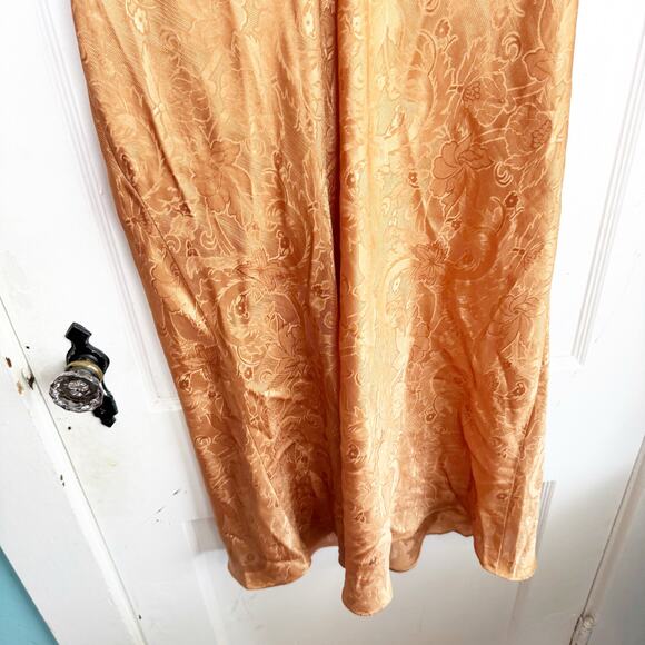 Vintage Satin Embossed Floral Print Slip Dress Orangish Brown Deep V-Neck Large - Picture 8 of 10